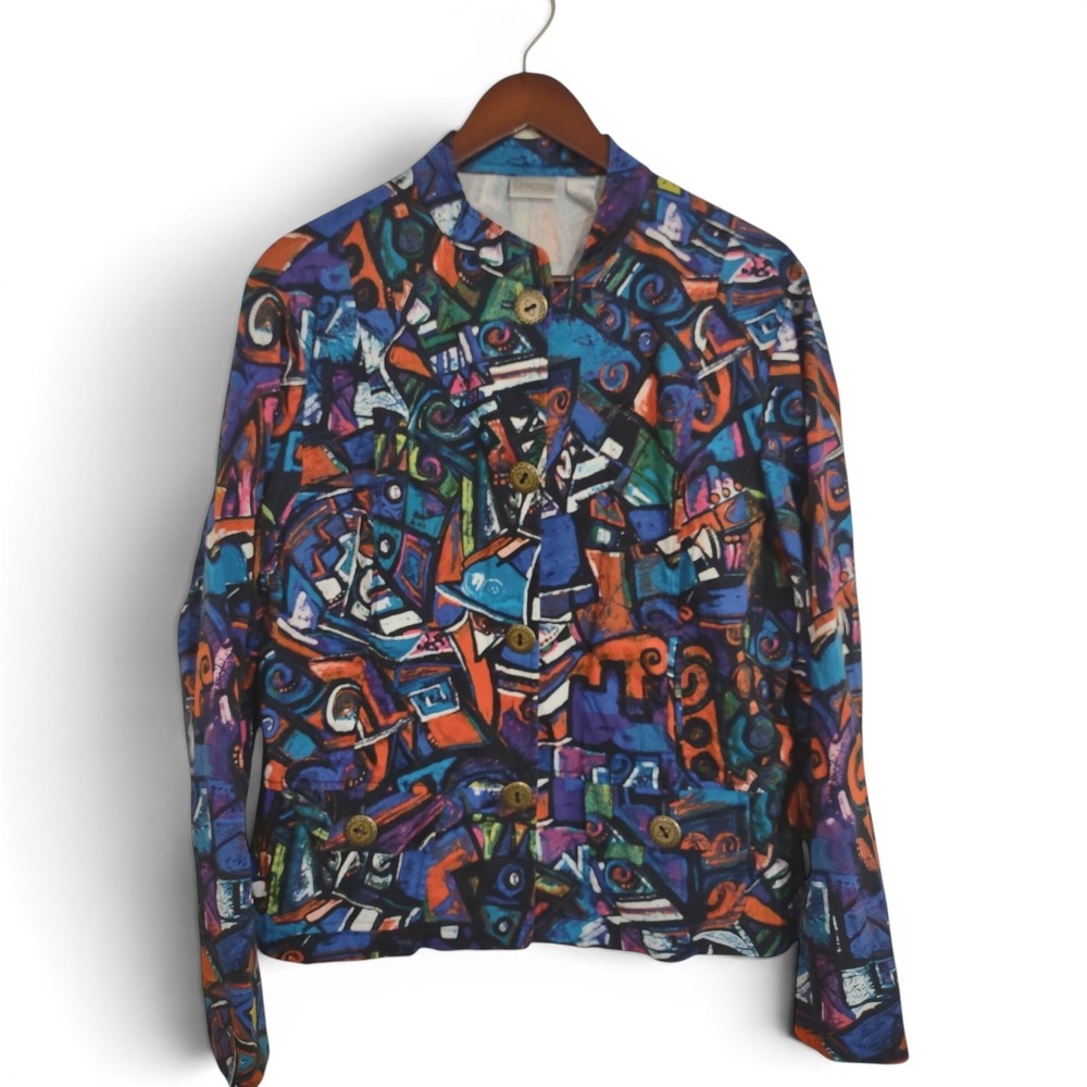 Chicos Artsy Funky Art to Wear Abstract Print Jacket Multi-Color Size 3/XL
